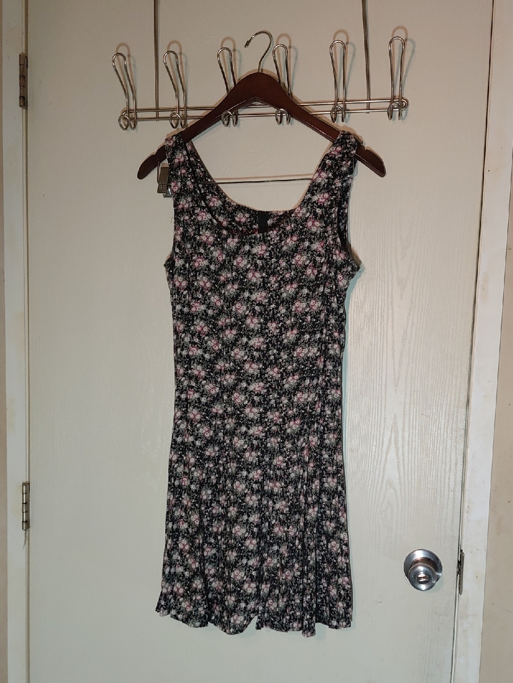 Sleeveless Black Mini Dress with Pink Floral Print